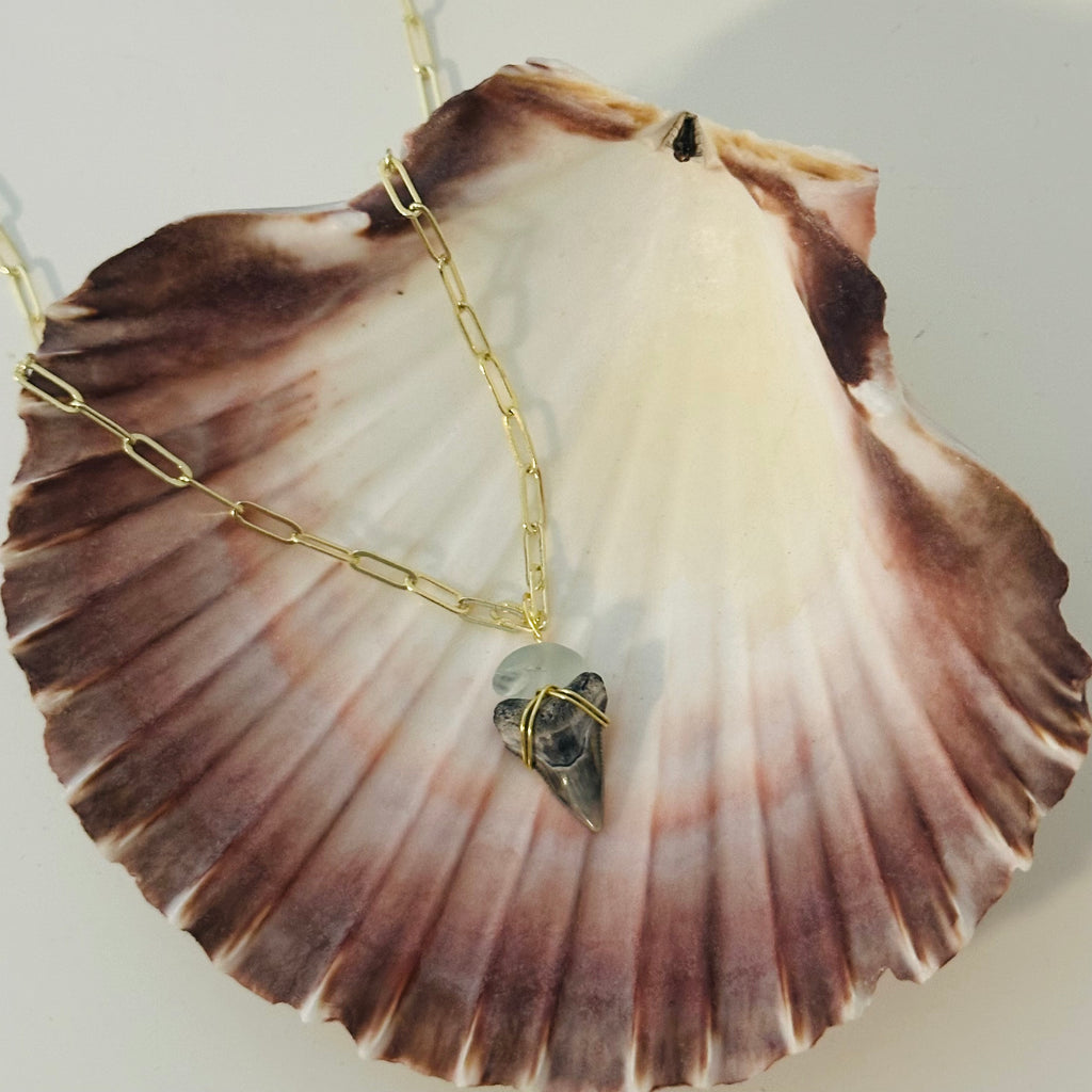 Sea Glass Shark Tooth Necklace